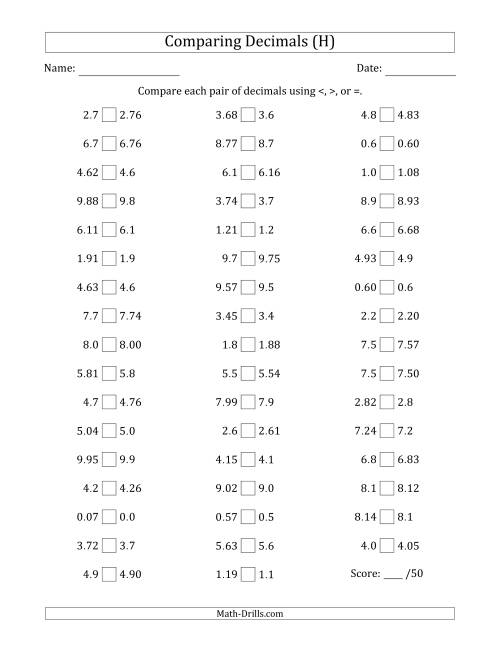The Comparing Decimals Up to Hundredths (One Number Has an Extra Digit) (H) Math Worksheet