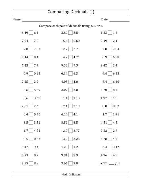 The Comparing Decimals Up to Hundredths (One Number Has an Extra Digit) (I) Math Worksheet