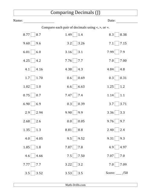 The Comparing Decimals Up to Hundredths (One Number Has an Extra Digit) (J) Math Worksheet