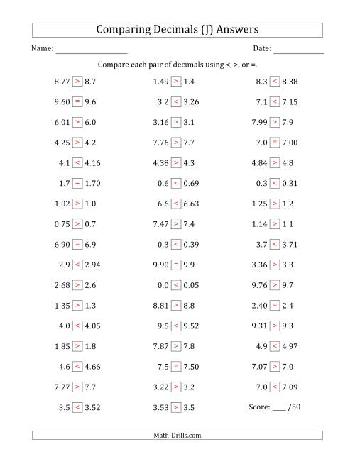The Comparing Decimals Up to Hundredths (One Number Has an Extra Digit) (J) Math Worksheet Page 2