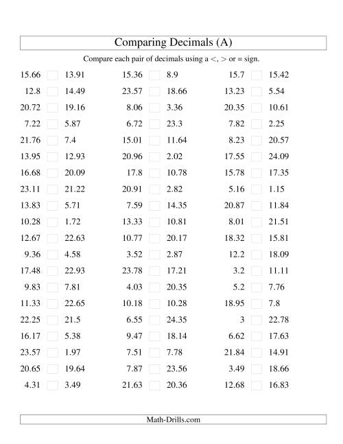 The Comparing Decimals up to Hundredths (Old) Math Worksheet
