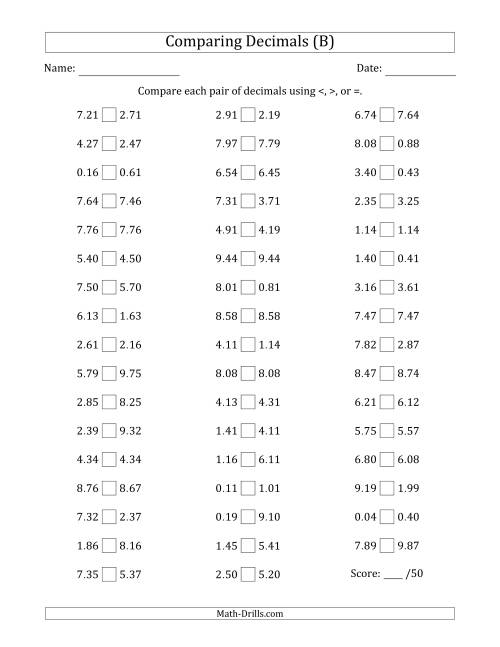 The Comparing Decimals Up to Hundredths (Two Digits Swapped) (B) Math Worksheet