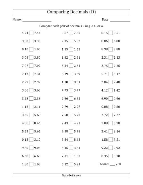 The Comparing Decimals Up to Hundredths (Two Digits Swapped) (D) Math Worksheet