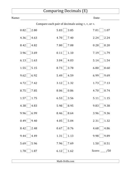 The Comparing Decimals Up to Hundredths (Two Digits Swapped) (E) Math Worksheet