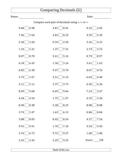 The Comparing Decimals Up to Hundredths (Two Digits Swapped) (G) Math Worksheet