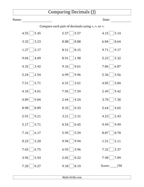The Comparing Decimals Up to Hundredths (Two Digits Swapped) (J) Math Worksheet
