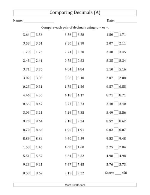The Comparing Decimals Up to Hundredths (Both Numbers Close in Value) (A) Math Worksheet