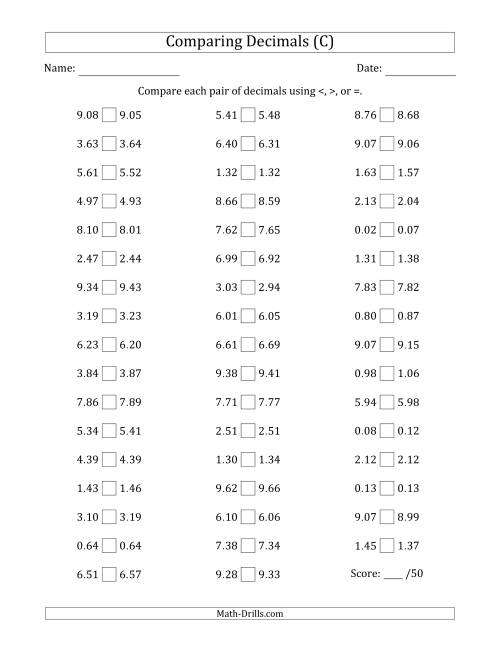 The Comparing Decimals Up to Hundredths (Both Numbers Close in Value) (C) Math Worksheet