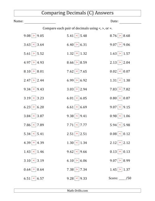 The Comparing Decimals Up to Hundredths (Both Numbers Close in Value) (C) Math Worksheet Page 2