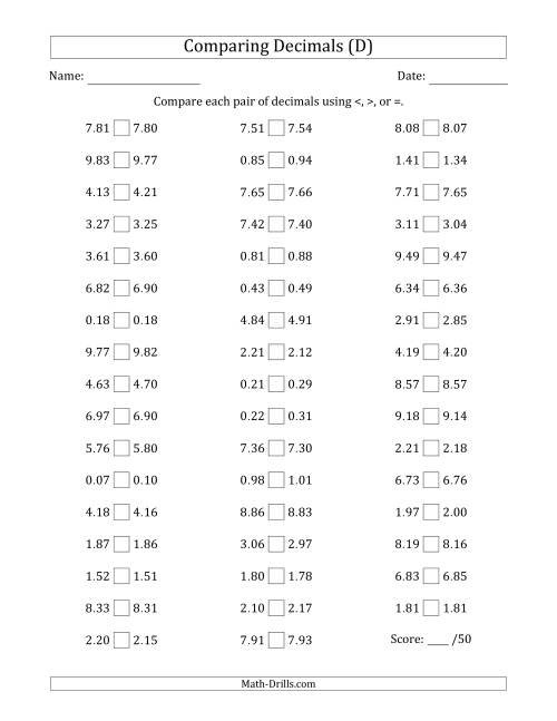 The Comparing Decimals Up to Hundredths (Both Numbers Close in Value) (D) Math Worksheet