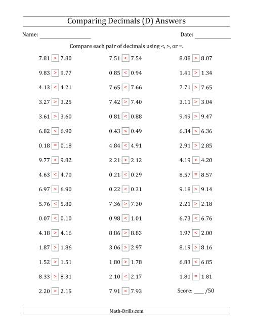 The Comparing Decimals Up to Hundredths (Both Numbers Close in Value) (D) Math Worksheet Page 2