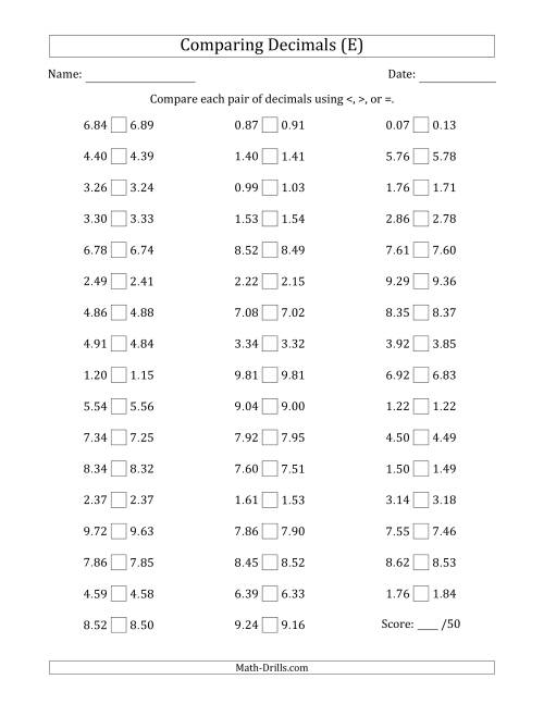 The Comparing Decimals Up to Hundredths (Both Numbers Close in Value) (E) Math Worksheet