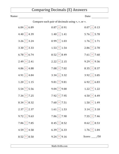 The Comparing Decimals Up to Hundredths (Both Numbers Close in Value) (E) Math Worksheet Page 2