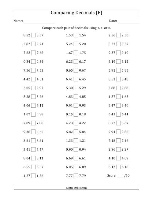 The Comparing Decimals Up to Hundredths (Both Numbers Close in Value) (F) Math Worksheet