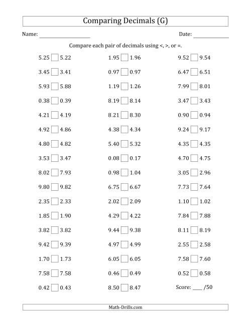 The Comparing Decimals Up to Hundredths (Both Numbers Close in Value) (G) Math Worksheet