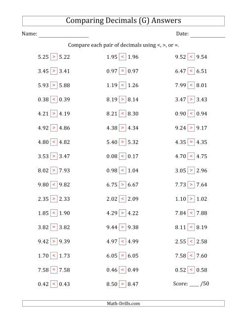 The Comparing Decimals Up to Hundredths (Both Numbers Close in Value) (G) Math Worksheet Page 2