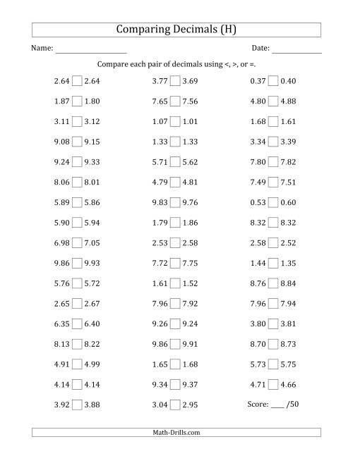 The Comparing Decimals Up to Hundredths (Both Numbers Close in Value) (H) Math Worksheet