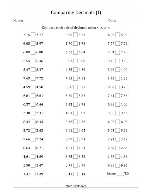 The Comparing Decimals Up to Hundredths (Both Numbers Close in Value) (I) Math Worksheet