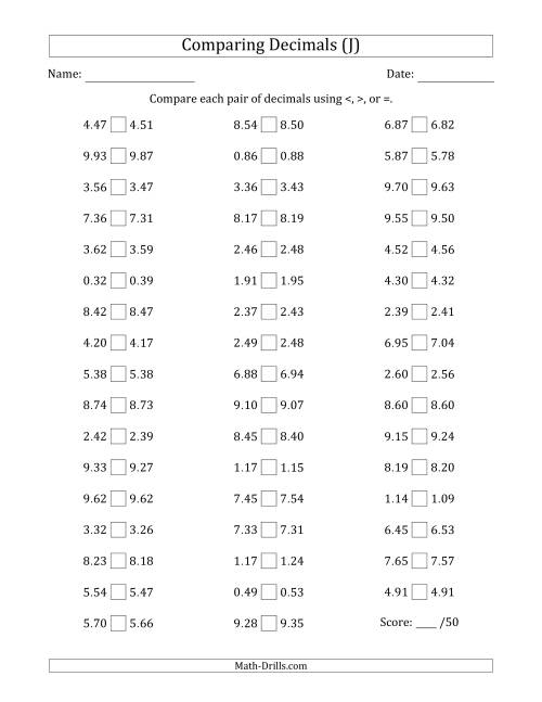 The Comparing Decimals Up to Hundredths (Both Numbers Close in Value) (J) Math Worksheet