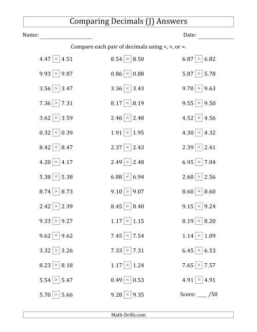 The Comparing Decimals Up to Hundredths (Both Numbers Close in Value) (J) Math Worksheet Page 2