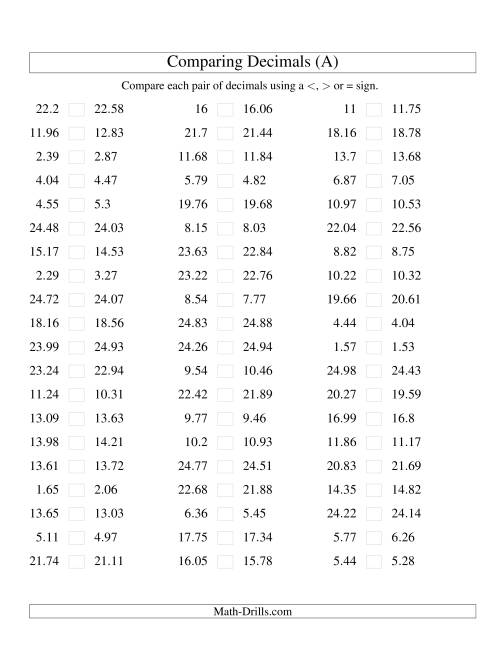 The Comparing Decimals up to Hundredths -- Tight Range (Old) Math Worksheet