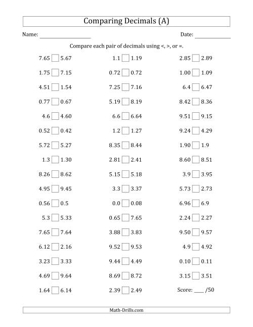 The Comparing Decimals Up to Hundredths (Various Tricks) (A) Math Worksheet