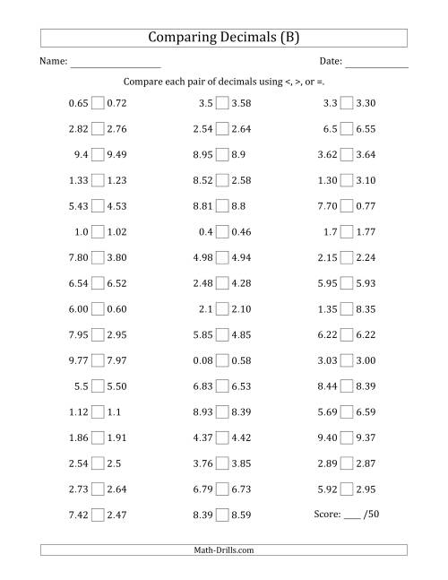 The Comparing Decimals Up to Hundredths (Various Tricks) (B) Math Worksheet