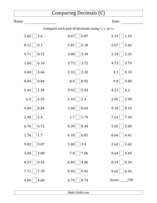 The Comparing Decimals Up to Hundredths (Various Tricks) (C) Math Worksheet