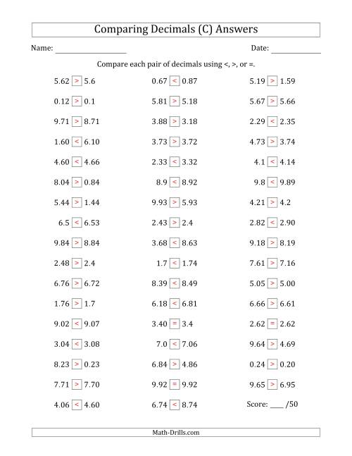 The Comparing Decimals Up to Hundredths (Various Tricks) (C) Math Worksheet Page 2