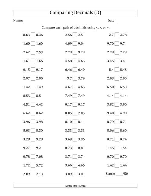 The Comparing Decimals Up to Hundredths (Various Tricks) (D) Math Worksheet