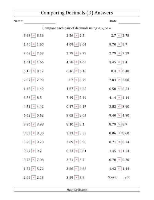 The Comparing Decimals Up to Hundredths (Various Tricks) (D) Math Worksheet Page 2