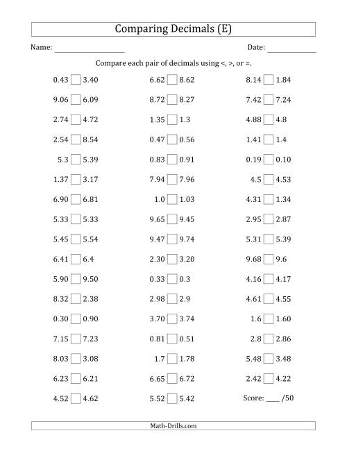 The Comparing Decimals Up to Hundredths (Various Tricks) (E) Math Worksheet