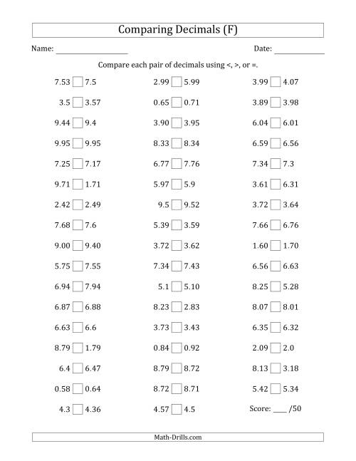 The Comparing Decimals Up to Hundredths (Various Tricks) (F) Math Worksheet
