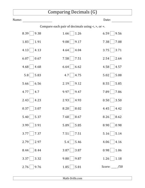 The Comparing Decimals Up to Hundredths (Various Tricks) (G) Math Worksheet
