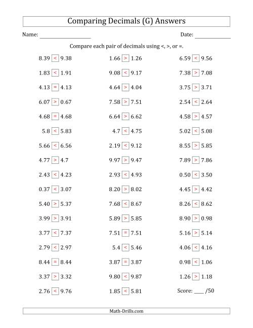 The Comparing Decimals Up to Hundredths (Various Tricks) (G) Math Worksheet Page 2