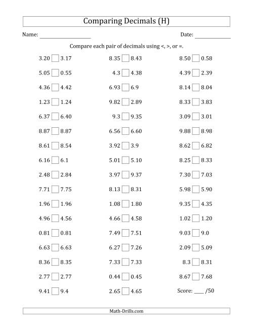 The Comparing Decimals Up to Hundredths (Various Tricks) (H) Math Worksheet
