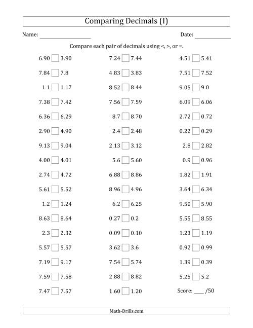 The Comparing Decimals Up to Hundredths (Various Tricks) (I) Math Worksheet