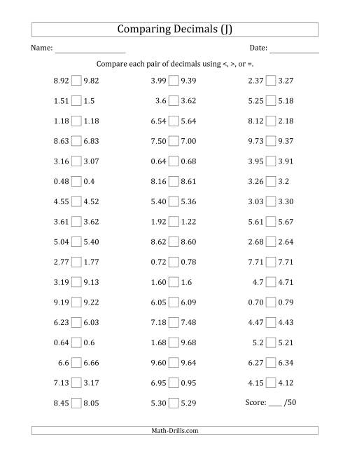 The Comparing Decimals Up to Hundredths (Various Tricks) (J) Math Worksheet