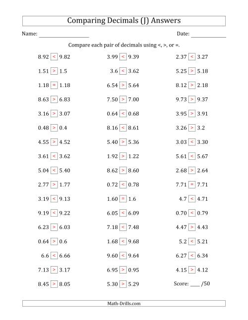 The Comparing Decimals Up to Hundredths (Various Tricks) (J) Math Worksheet Page 2