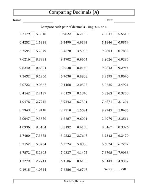 The Comparing Decimals Up to Ten Thousandths (Both Numbers Random) (A) Math Worksheet
