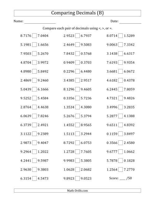 The Comparing Decimals Up to Ten Thousandths (Both Numbers Random) (B) Math Worksheet