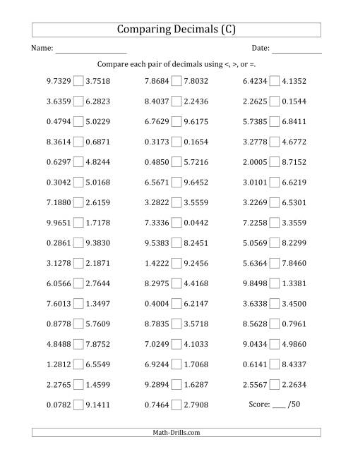 The Comparing Decimals Up to Ten Thousandths (Both Numbers Random) (C) Math Worksheet
