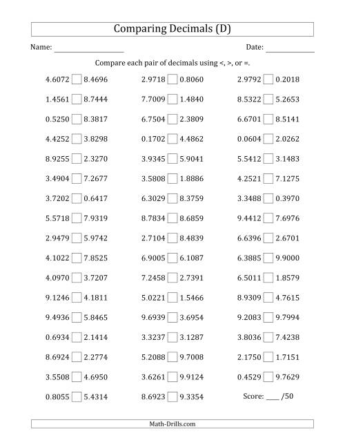 The Comparing Decimals Up to Ten Thousandths (Both Numbers Random) (D) Math Worksheet