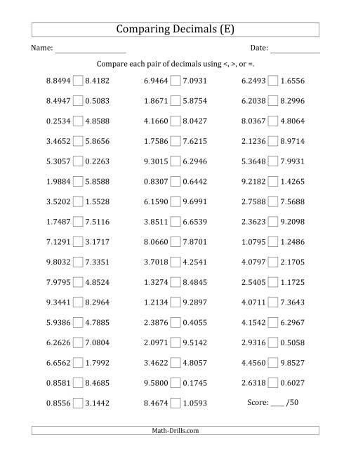 The Comparing Decimals Up to Ten Thousandths (Both Numbers Random) (E) Math Worksheet