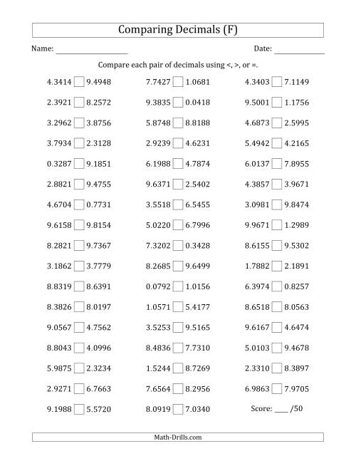 The Comparing Decimals Up to Ten Thousandths (Both Numbers Random) (F) Math Worksheet