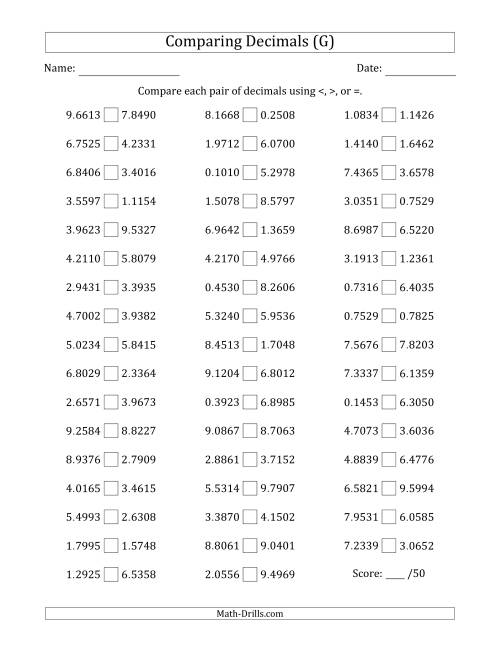 The Comparing Decimals Up to Ten Thousandths (Both Numbers Random) (G) Math Worksheet