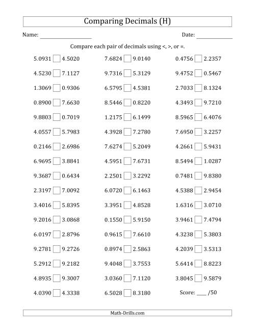 The Comparing Decimals Up to Ten Thousandths (Both Numbers Random) (H) Math Worksheet