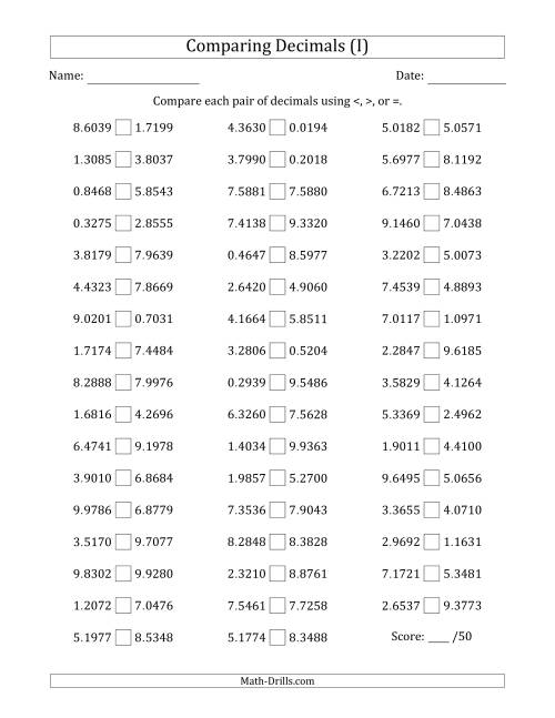 The Comparing Decimals Up to Ten Thousandths (Both Numbers Random) (I) Math Worksheet