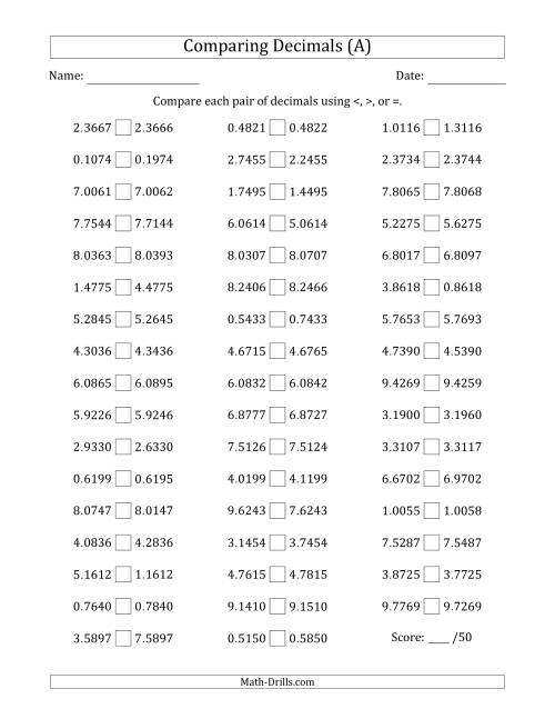 The Comparing Decimals Up to Ten Thousandths (One Digit Differs) (A) Math Worksheet