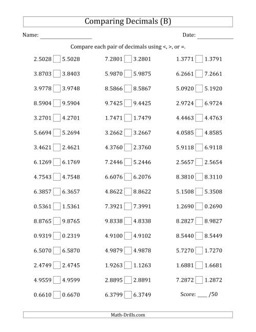 The Comparing Decimals Up to Ten Thousandths (One Digit Differs) (B) Math Worksheet